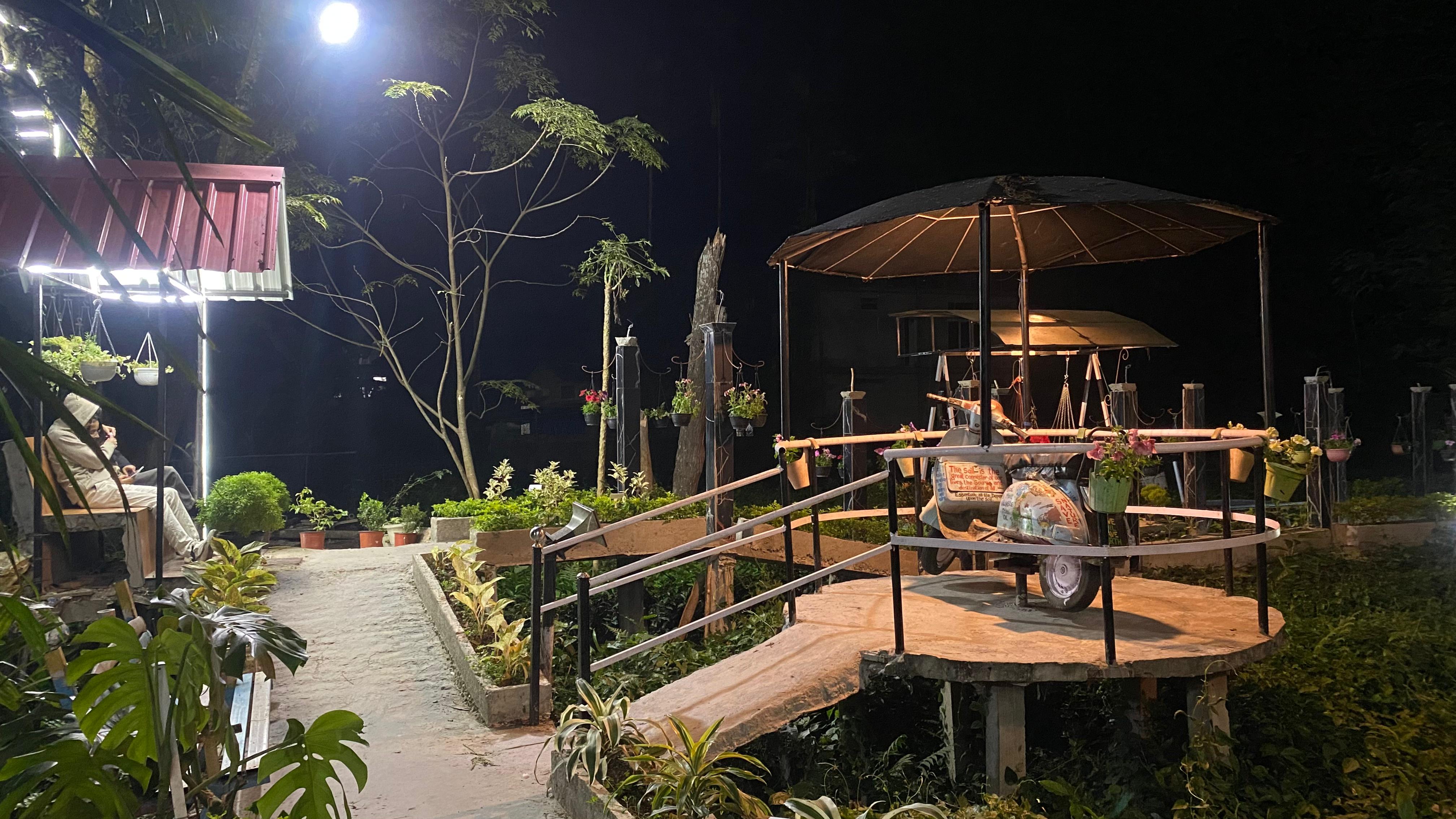 Garden scooter deck lit up at night