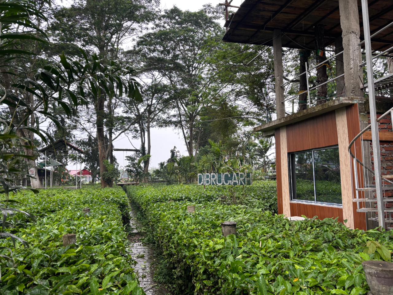 Dibrugarh sign in the tea garden beside the resort